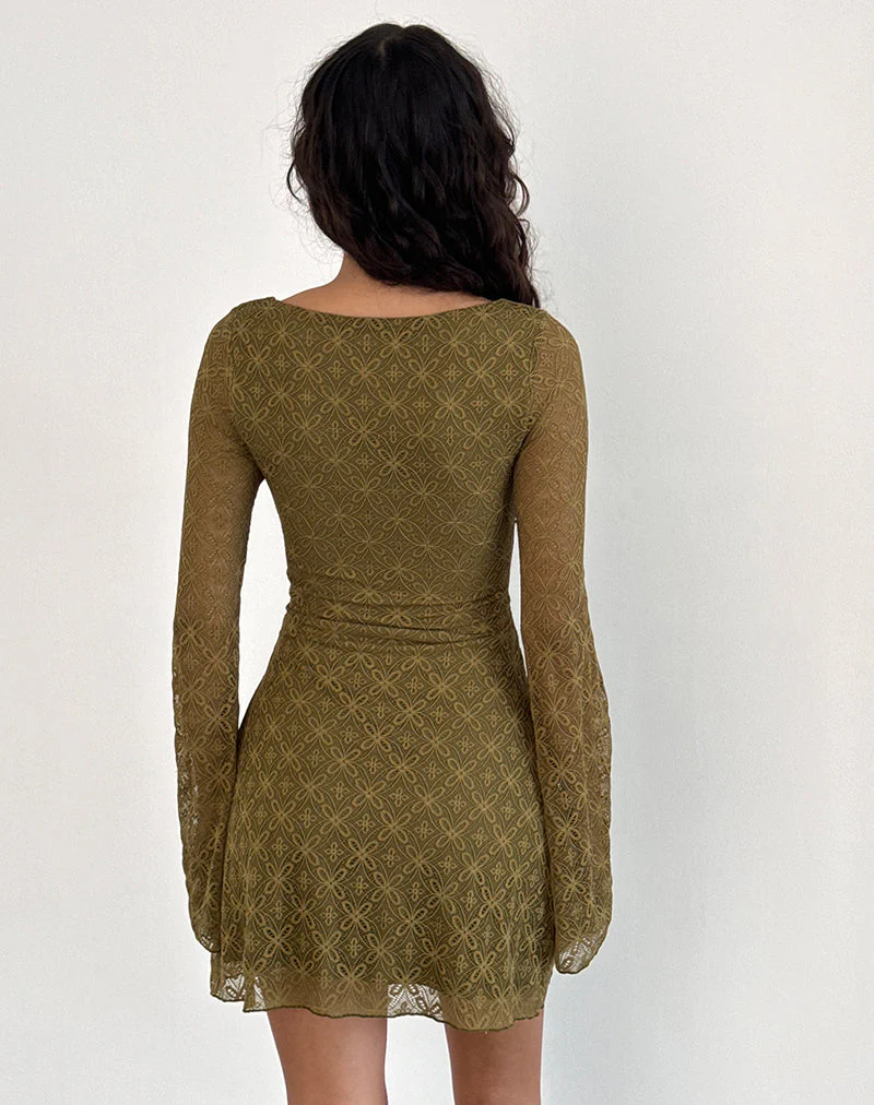 Sevila Langärmeliges Minikleid aus strukturiertem Moosgrün - Image 2