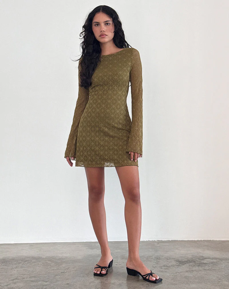 Sevila Langärmeliges Minikleid aus strukturiertem Moosgrün - Image 3