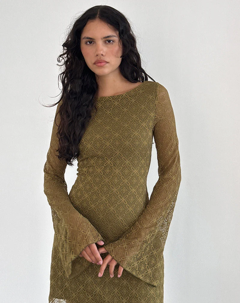Sevila Langärmeliges Minikleid aus strukturiertem Moosgrün - Image 4