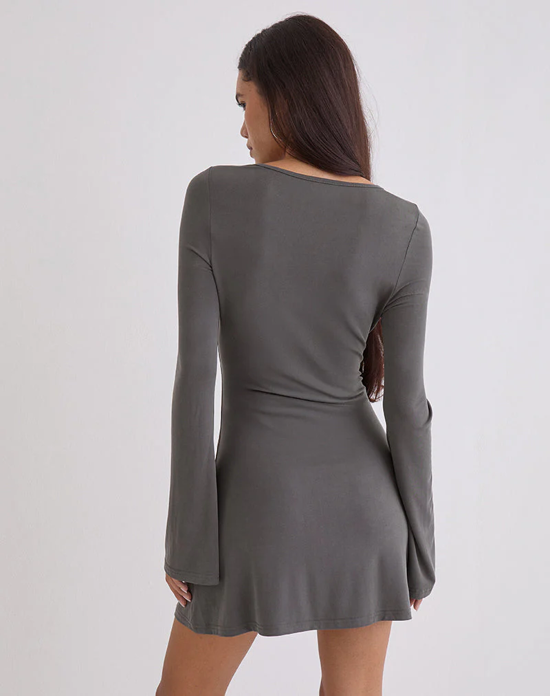 Sevila Langarm-Minikleid aus Cupro mit Diamante-Blume in Dunkelgrau - Image 4