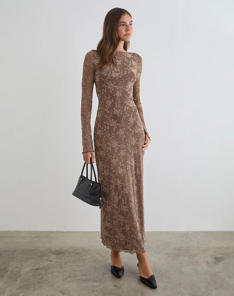 Shaleed Maxikleid in Leafy Flock Dark Taupe