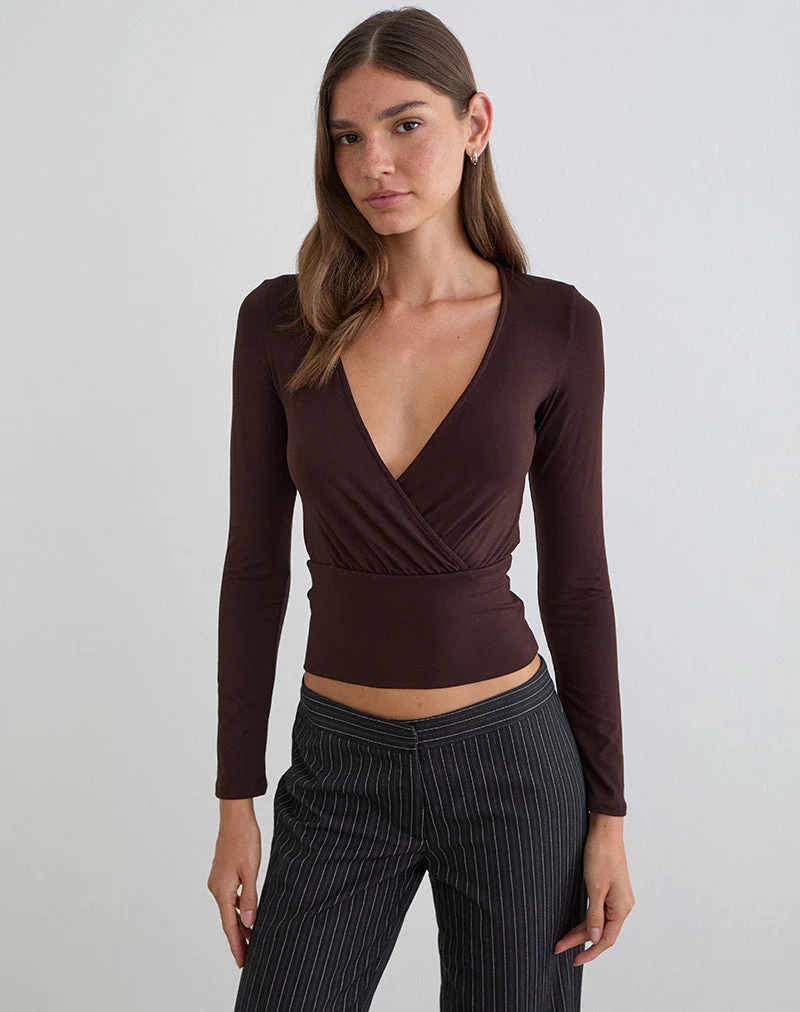 Sheon Langarm-Oberteil aus Rayon-Jersey in Bitter Chocolate