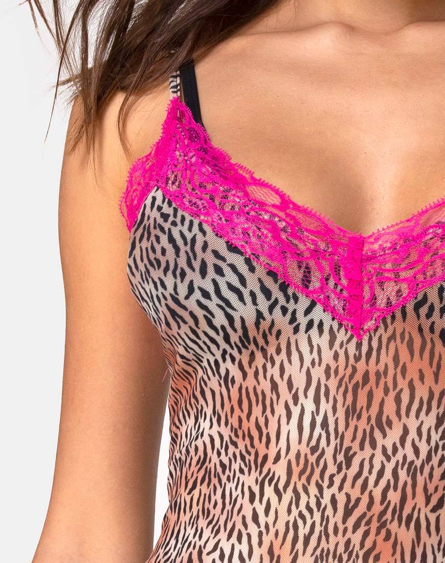 Sheys Kleid Mini Tiger Mesh mit violetter Spitze - Image 5