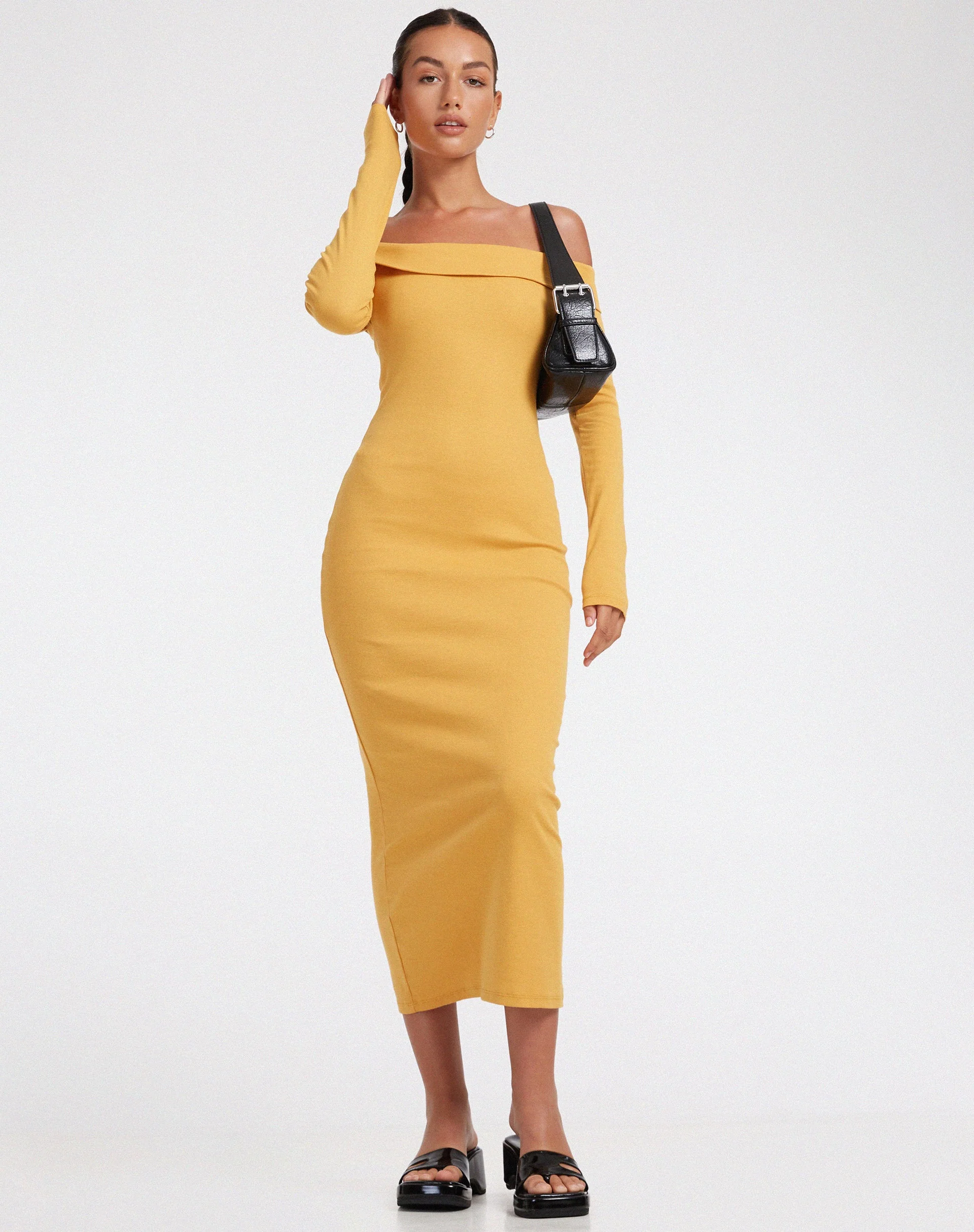 Shiloh Langärmeliges Kleid aus Rippstrick in Dottergelb