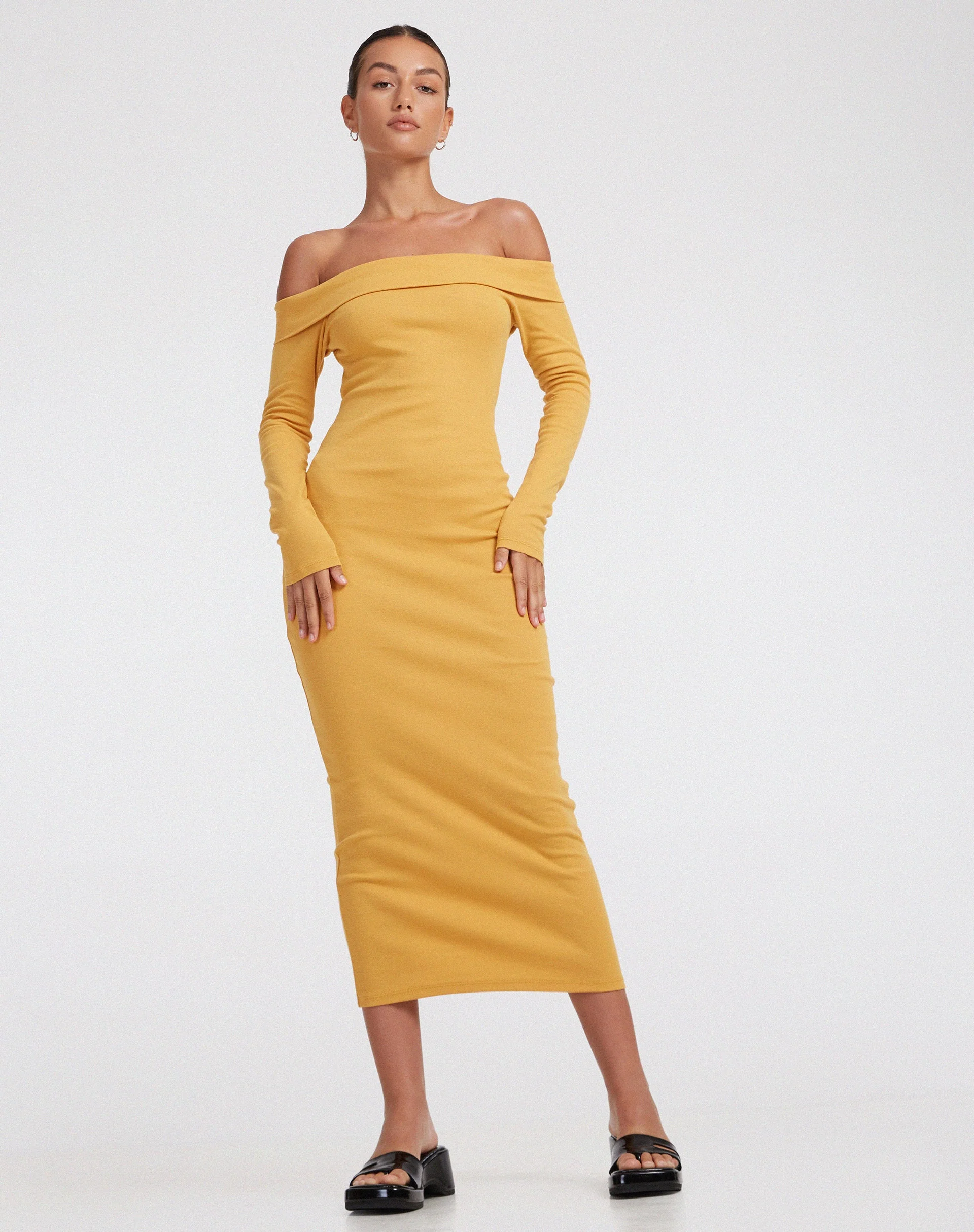 Shiloh Langärmeliges Kleid aus Rippstrick in Dottergelb - Image 3