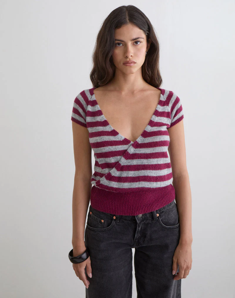 Shilpa Top in Maxi-Streifen Weinrot und Grau - Image 2