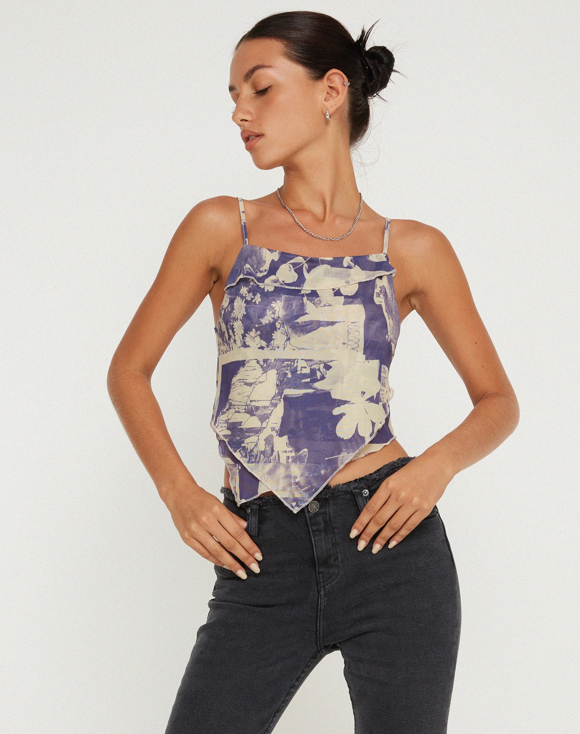 Shindu Mesh Vest Top in Collage Floral Shadow Lila
