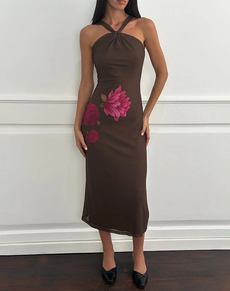 Silvra Midikleid mit Neckholder in Braun mit rosa Blumenprint - Image 2