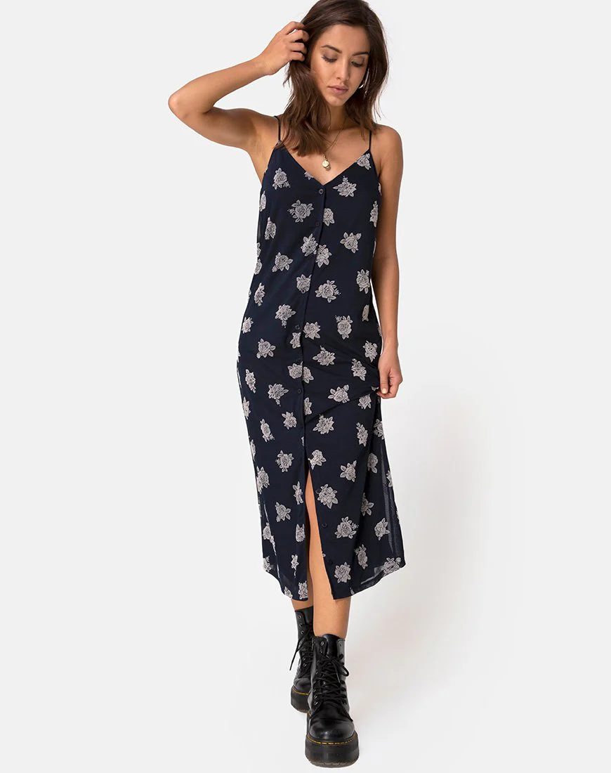 Sini Slip Midikleid in Rose Flock Schwarz Mesh