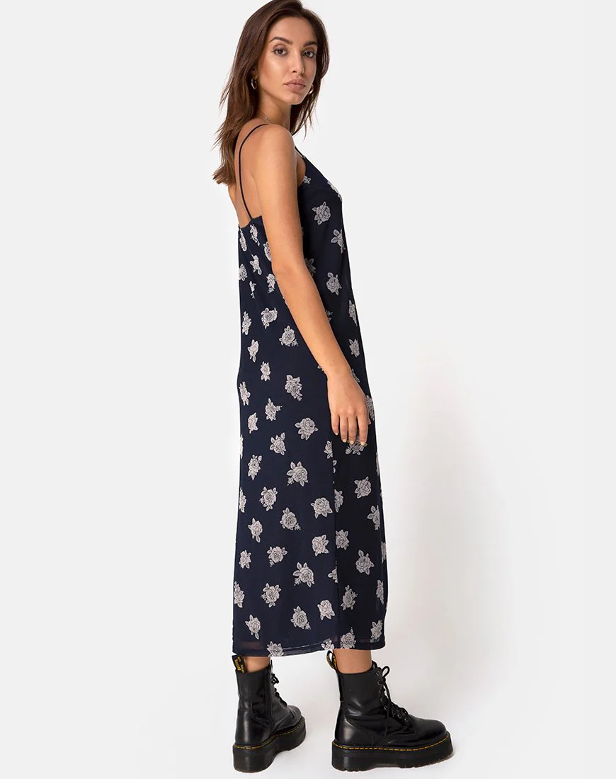 Sini Slip Midikleid in Rose Flock Schwarz Mesh - Image 2