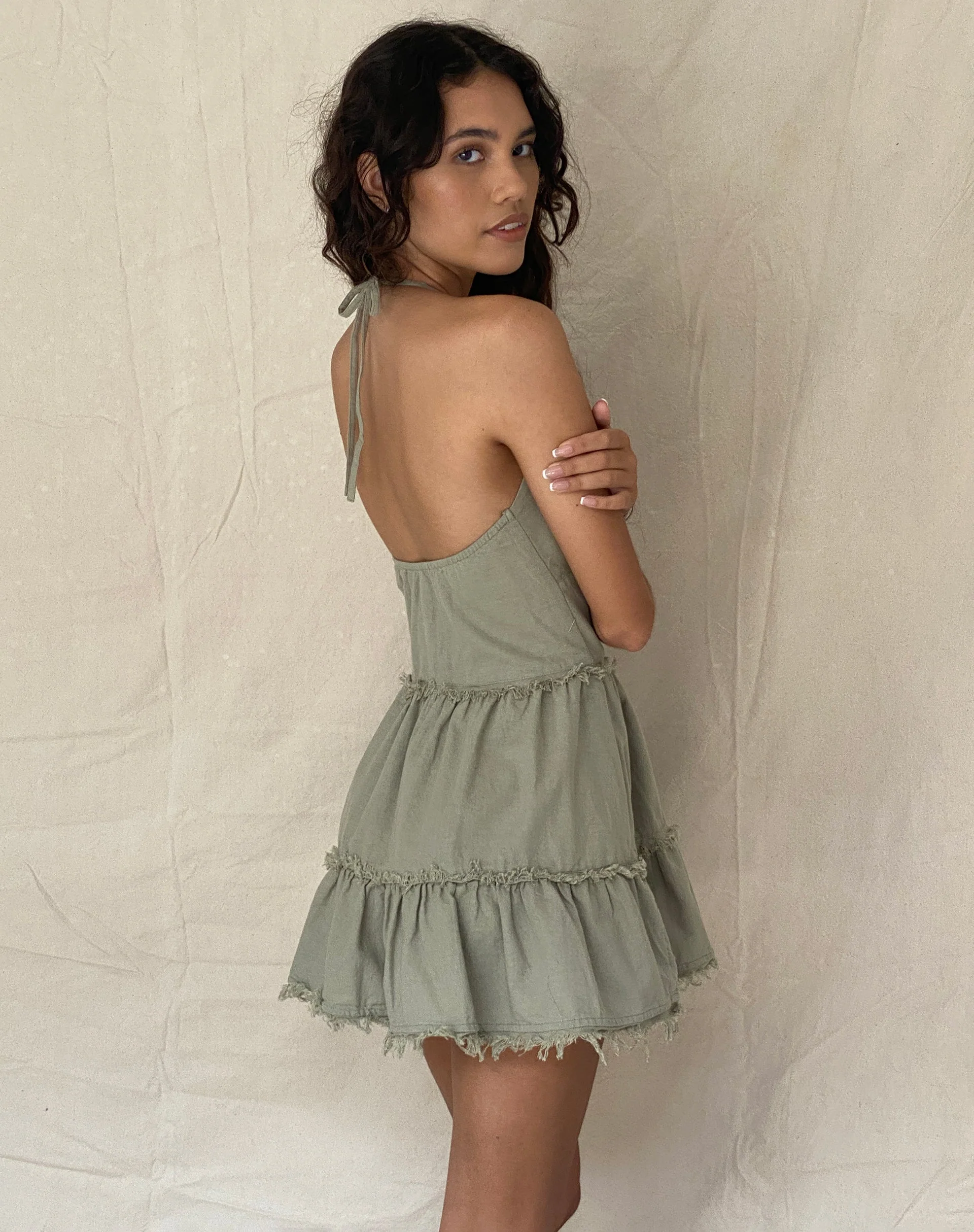 Siskae Gestuftes Halter-Minikleid aus Leinen in Schiefergrün - Image 6