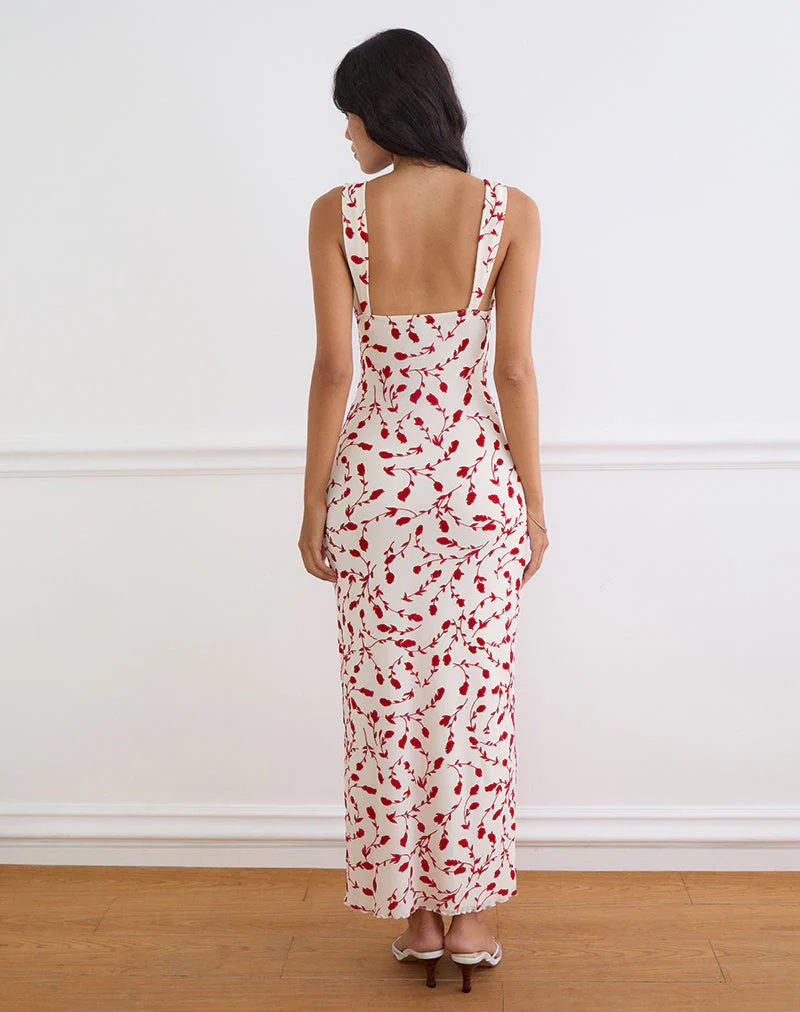 Sitiya Maxi Dress in Cream with Red Leafy Lily Flock - Image 3
