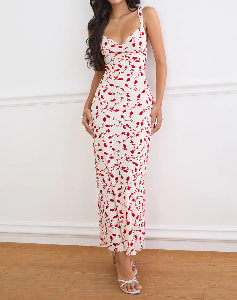 Sitiya Maxi Dress in Cream with Red Leafy Lily Flock - Image 4