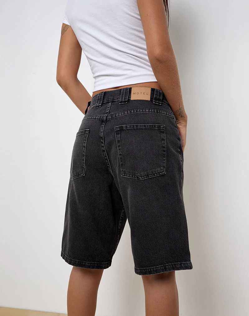 Low Rise Denim Skater Short in Washed Black Grey - Image 4