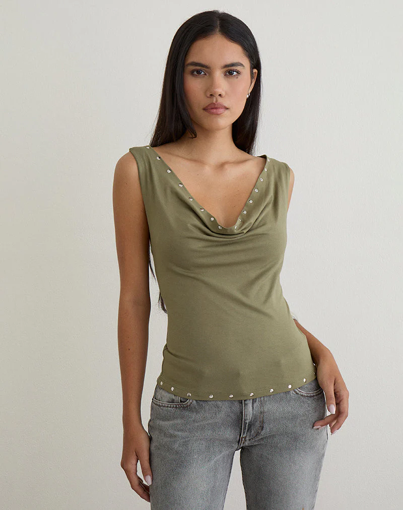 Slater Nieten-Top aus Rayon Jersey Khaki
