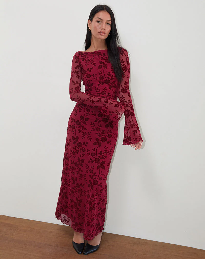 Slokya Langärmeliges Maxikleid in Vine Floral Flock Cherry