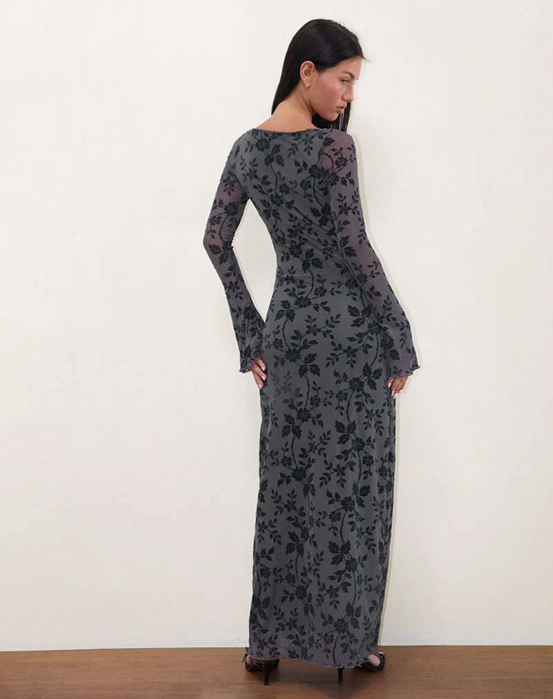 Slokya Langärmeliges Maxikleid in Vine Floral Flock Ocean Storm - Image 3