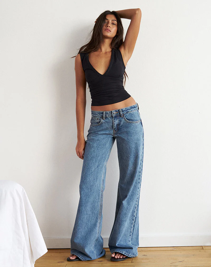 Low Rise Slouchy Flare Jeans in Blue Stone