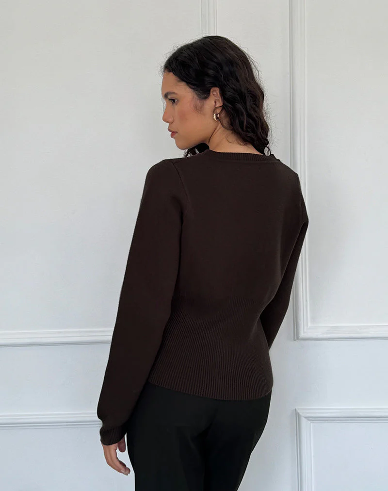 Subra Langarm-Strickjacke mit geripptem Saum in Bitterschokolade - Image 5