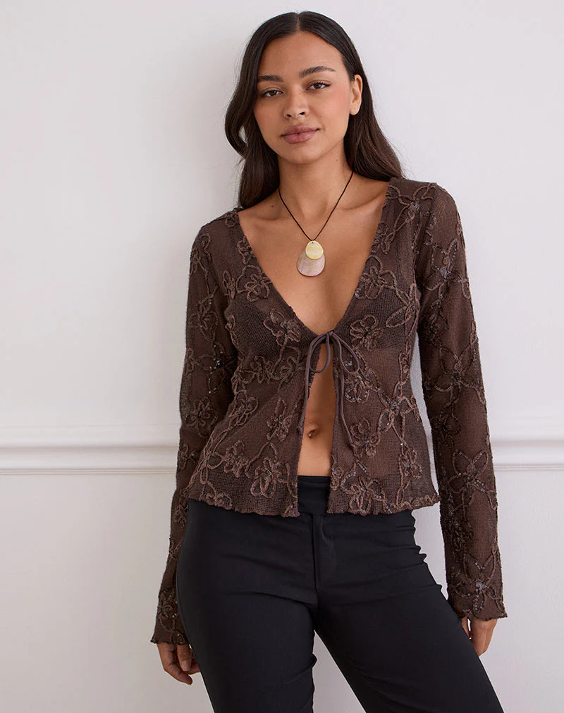 Sukita Strickjacke aus Paillettenstrick Dunkelbraun - Image 3