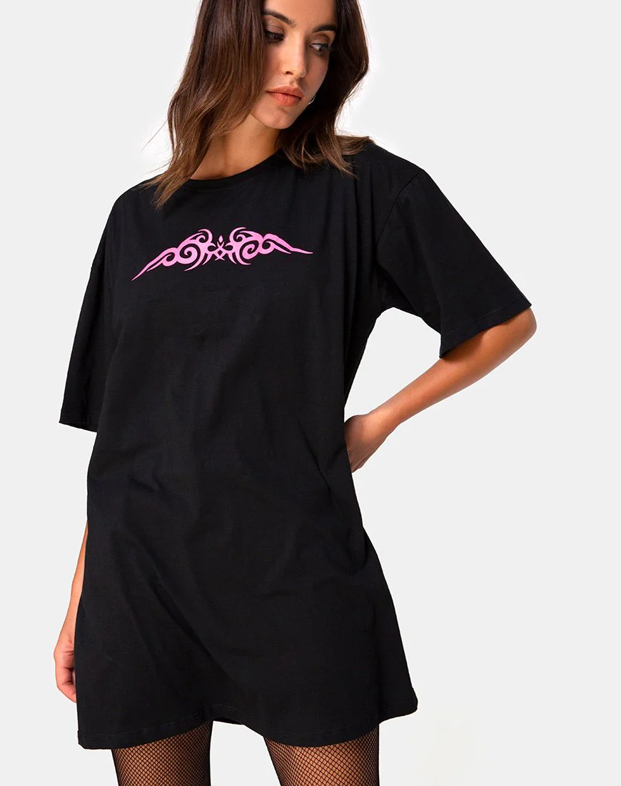 Sunny Kiss Oversize Tee in Schwarz mit rosa Tribal