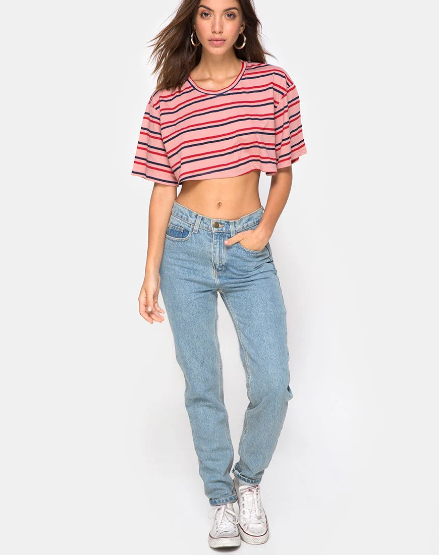 Super Cropped Tee in 70's Stripe Rosa Horizontal - Image 3