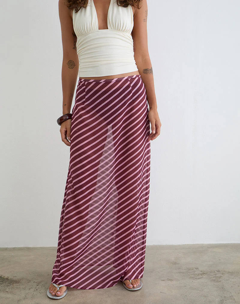Surina Maxirock aus Chiffon mit schrägen Streifen in Rosa und Burgunderrot