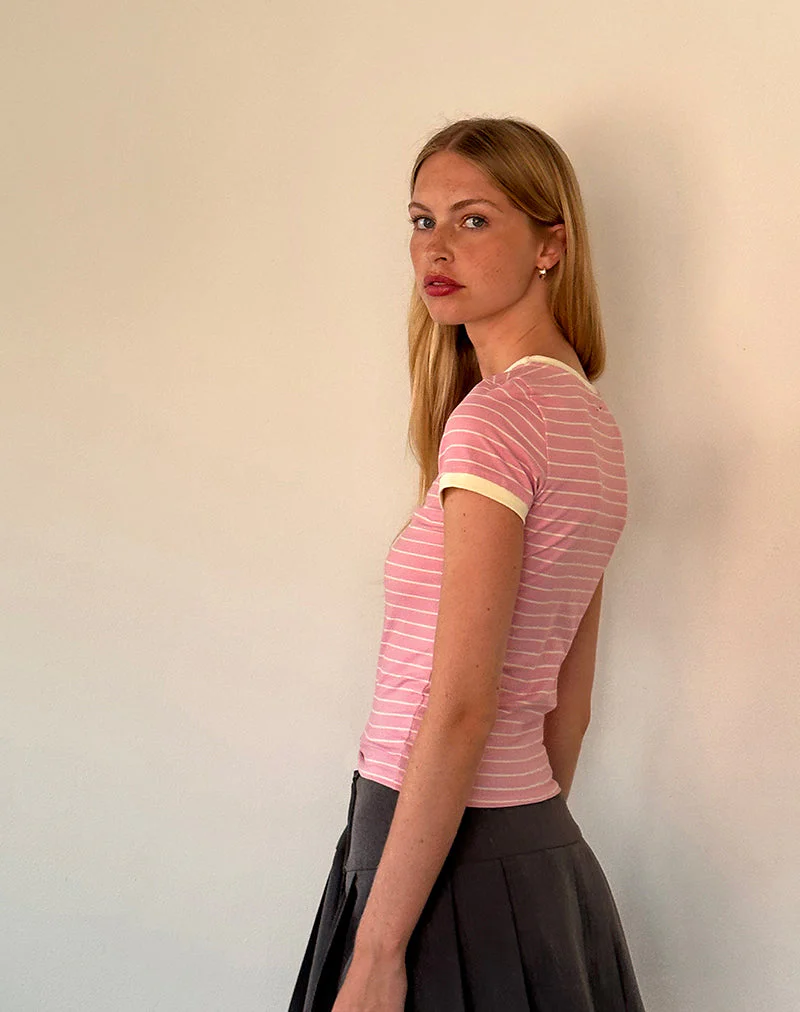 Sutin Baby Tee in Rosa Streifen Kombi Kirsche Stickerei - Image 5