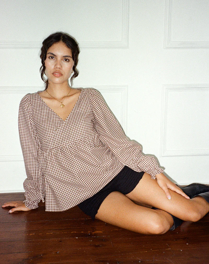 Suzumi Wickel-Bluse aus Mini-Gingham Braun - Image 5