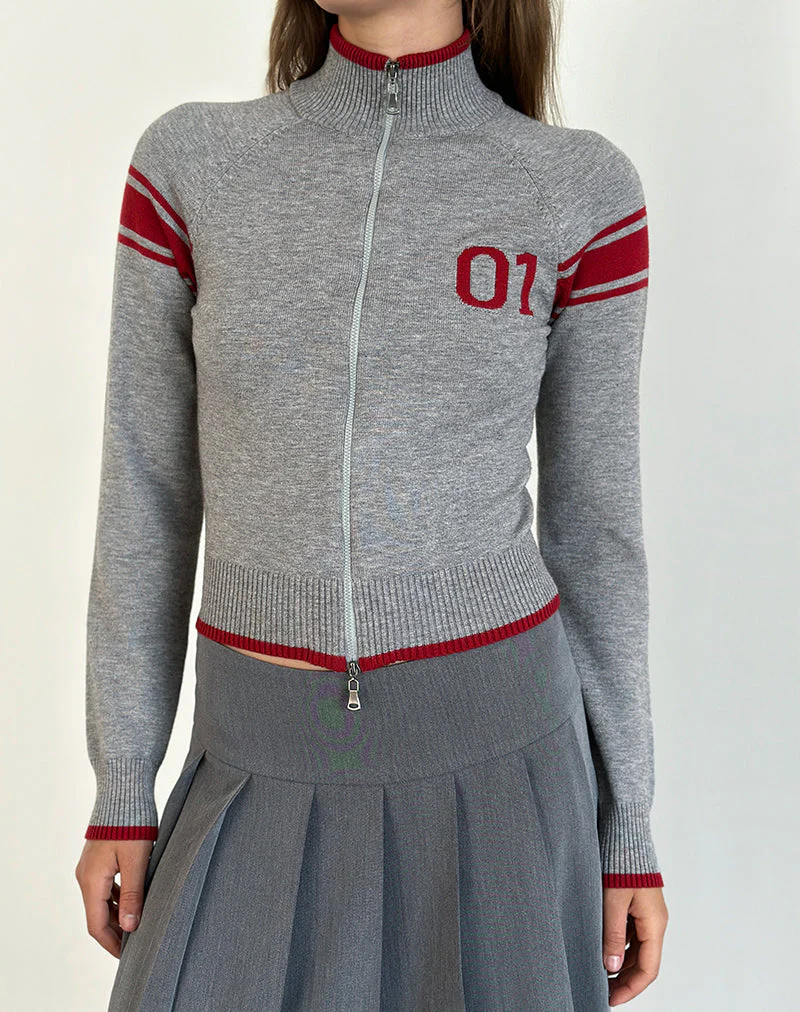 Tacita Zip Through Jacke in Grau mit rotem Motiv