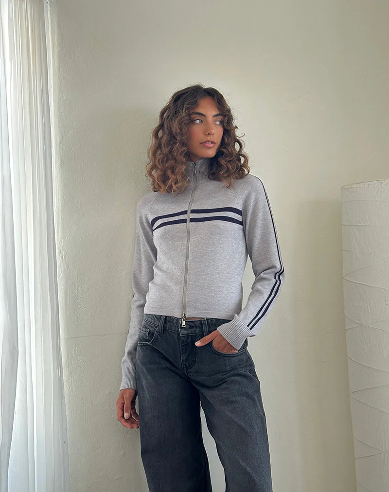 Talisa Sportliche Zip durch Jacke In Hellgrau mit Marine Streifen - Image 3