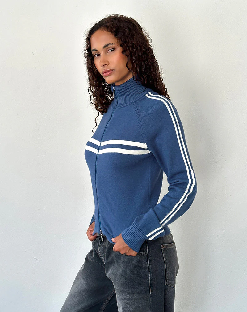 Talisa Sportliche Zip durch Jacke In Marine mit Elfenbein Streifen - Image 2