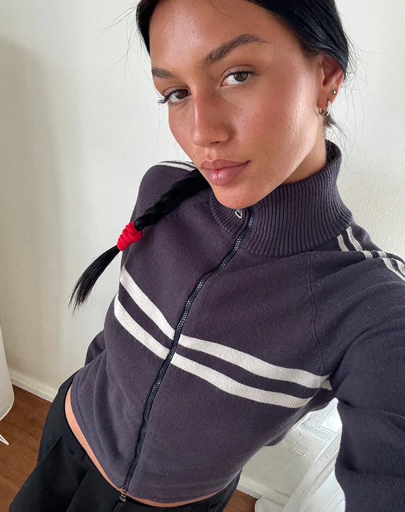 Talisa Sportliche Zip durch Jacke In Charcoal mit hellgrauen Streifen - Image 5