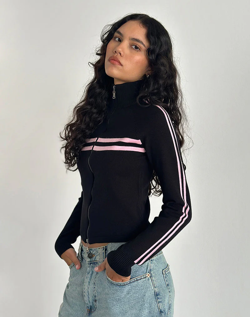 Talisa Zip Through Jacke in Schwarz mit rosa Streifen