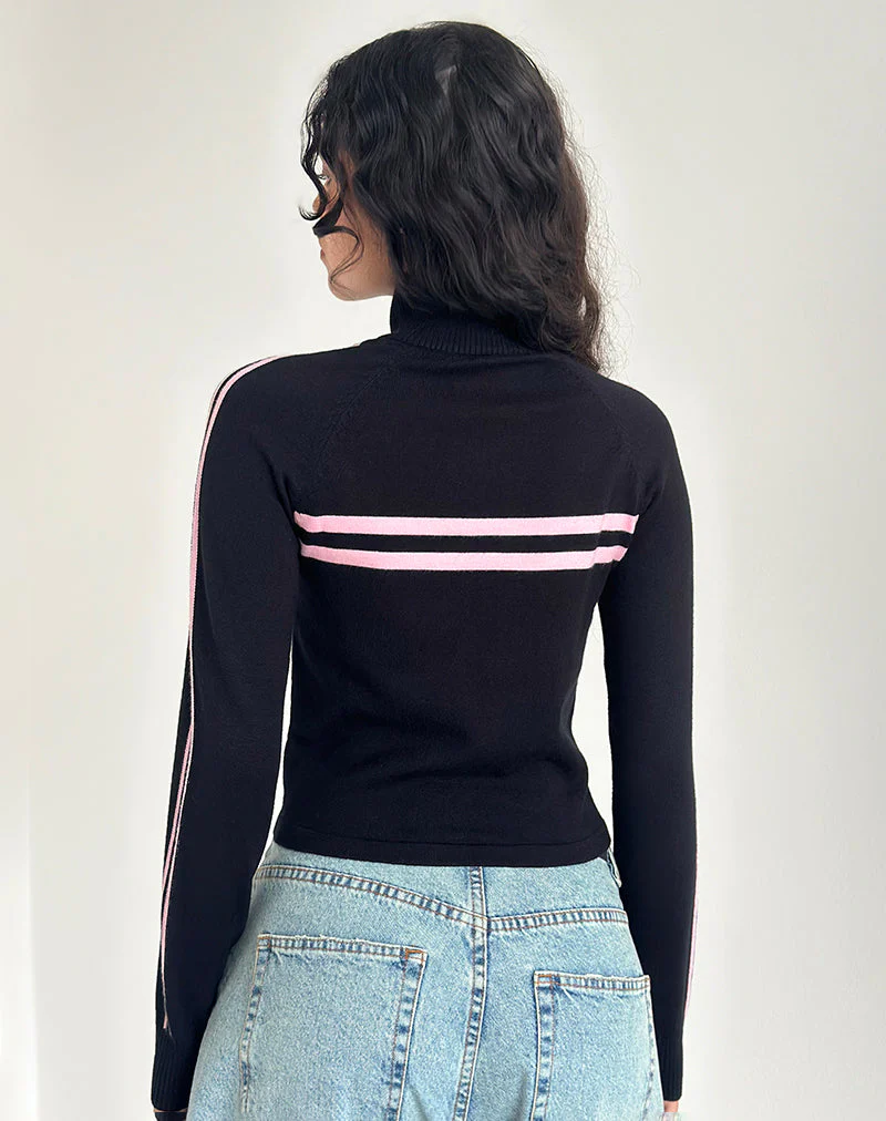 Talisa Zip Through Jacke in Schwarz mit rosa Streifen - Image 4