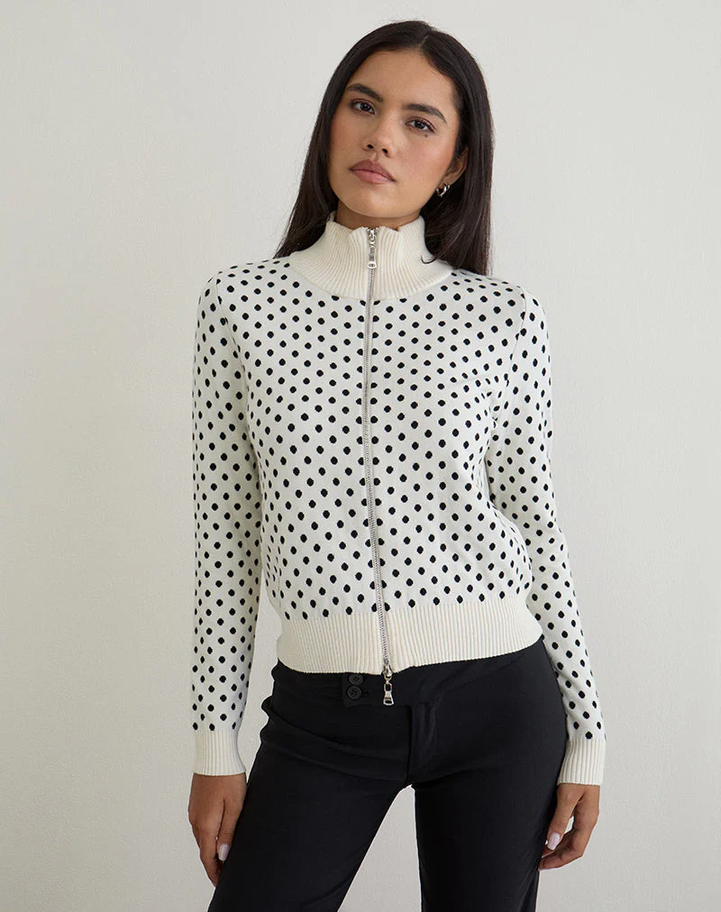 Talisa Zip durch Strickjacke in Tiny Polka Elfenbein