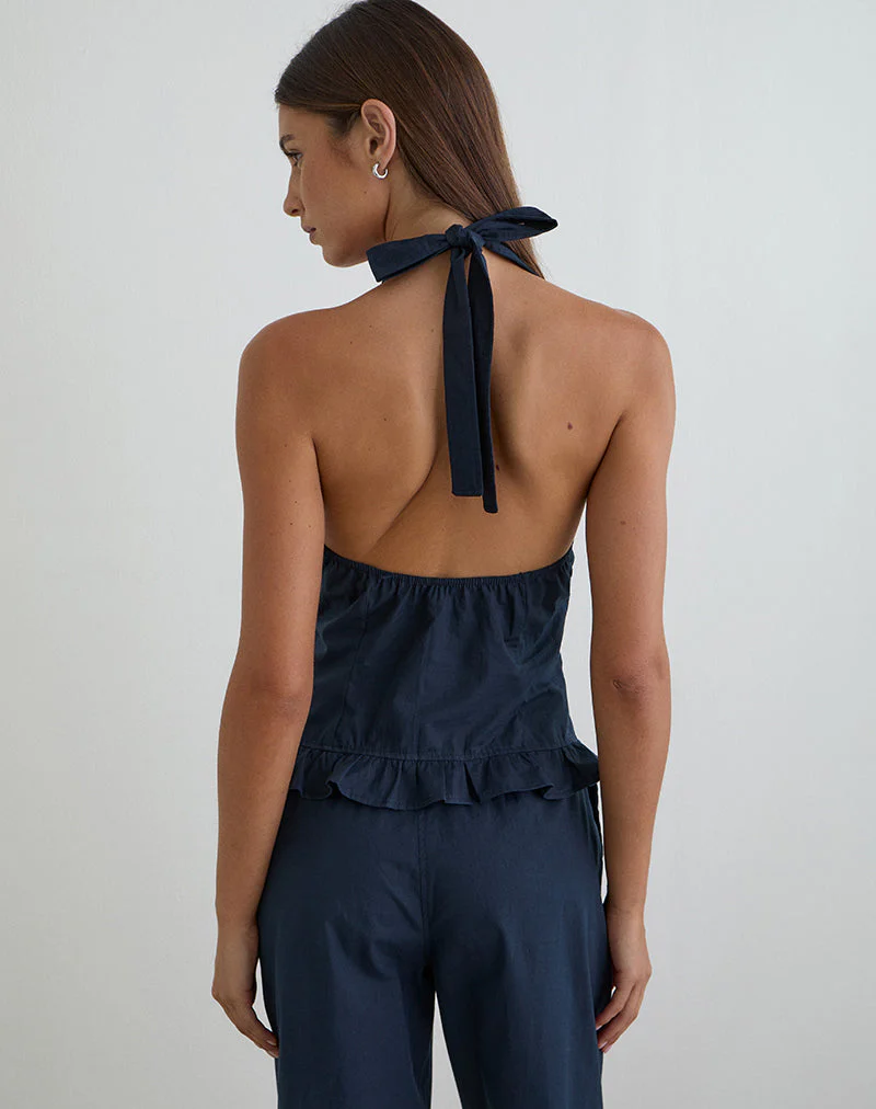 Tamzen Halterneck Top in Dark Navy with Frill Hem - Image 3