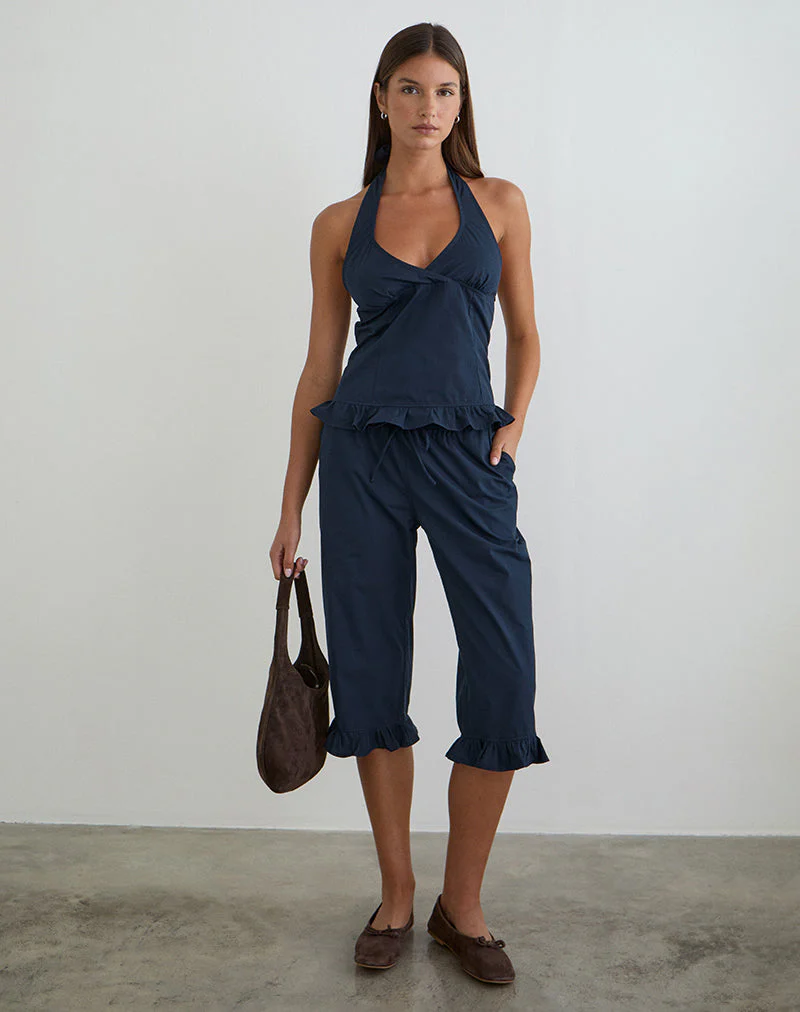 Tamzen Halterneck Top in Dark Navy with Frill Hem - Image 4