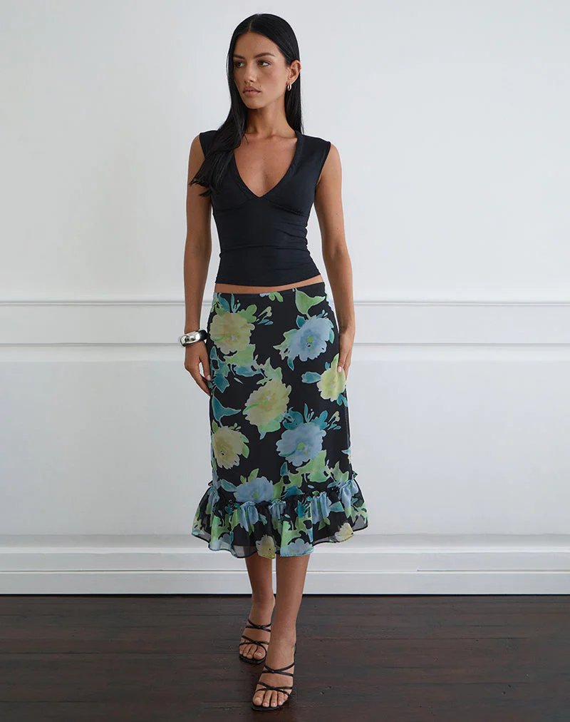 Tarla Midirock aus schwarzem Chiffon mit Kristallblumenprint - Image 4