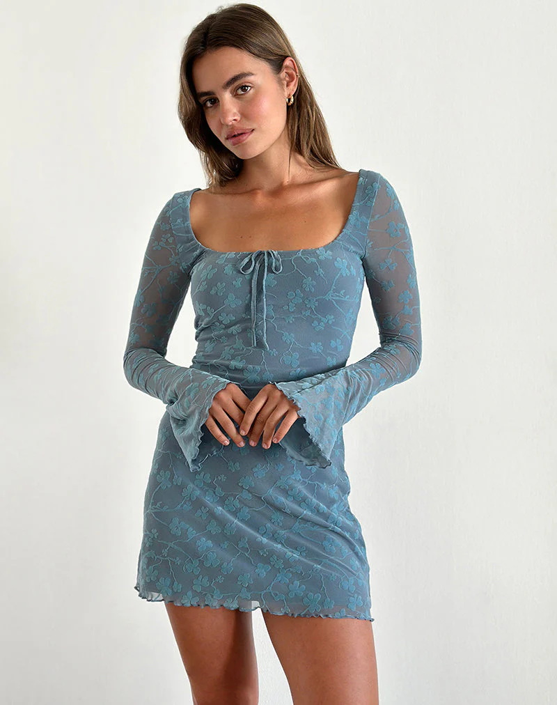 Tatyana Minikleid in Grunge Floral Blau Grau