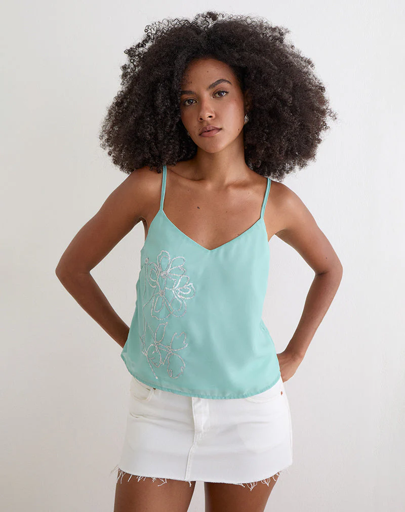 Tavina Top in Chiffon Floral Sequin Turquoise - Image 2