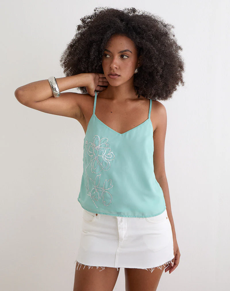 Tavina Top in Chiffon Floral Sequin Turquoise - Image 5