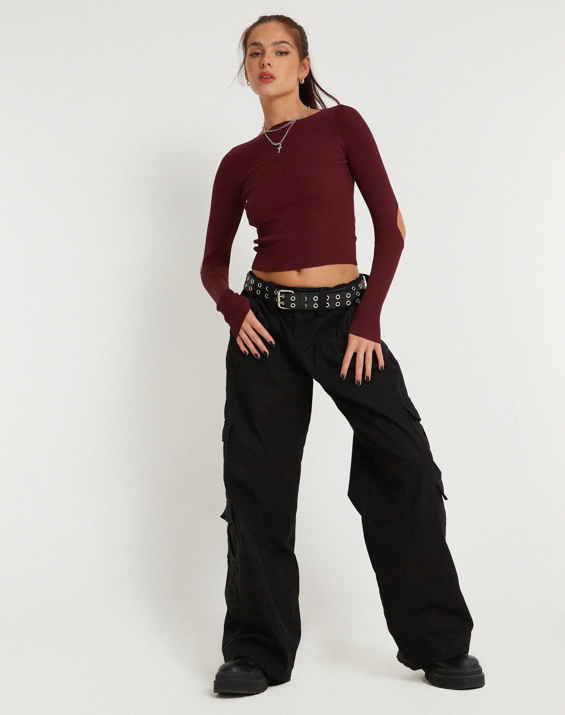 Tayon Langärmeliges Rippen-Top in Marron - Image 4