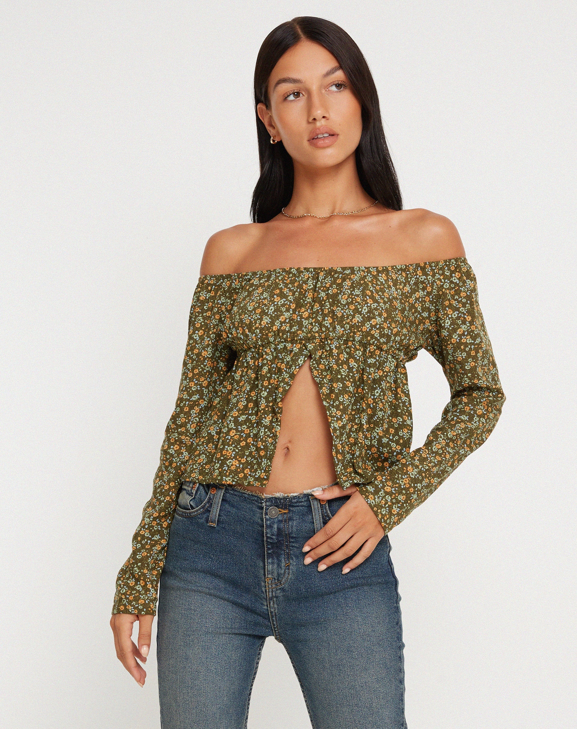 Thena Langarm-Top in Grungey Floral Khaki - Image 5
