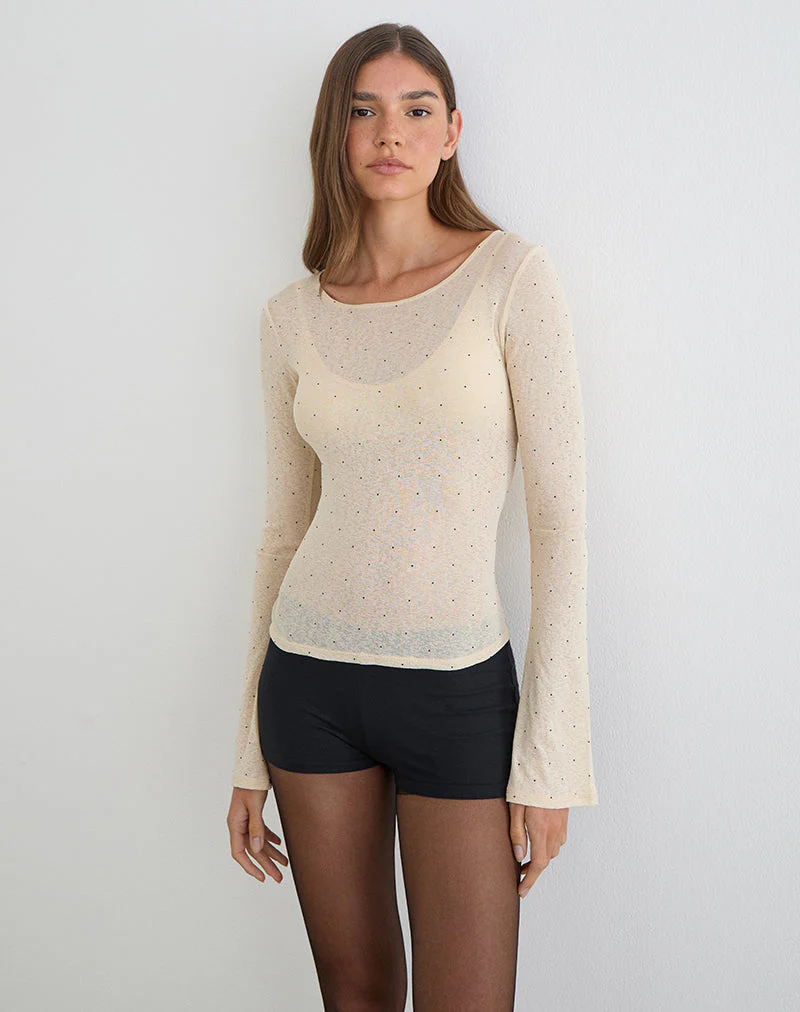 Tineko Langarm-Oberteil aus strukturiertem Jersey mit Polka-Muster in Beige