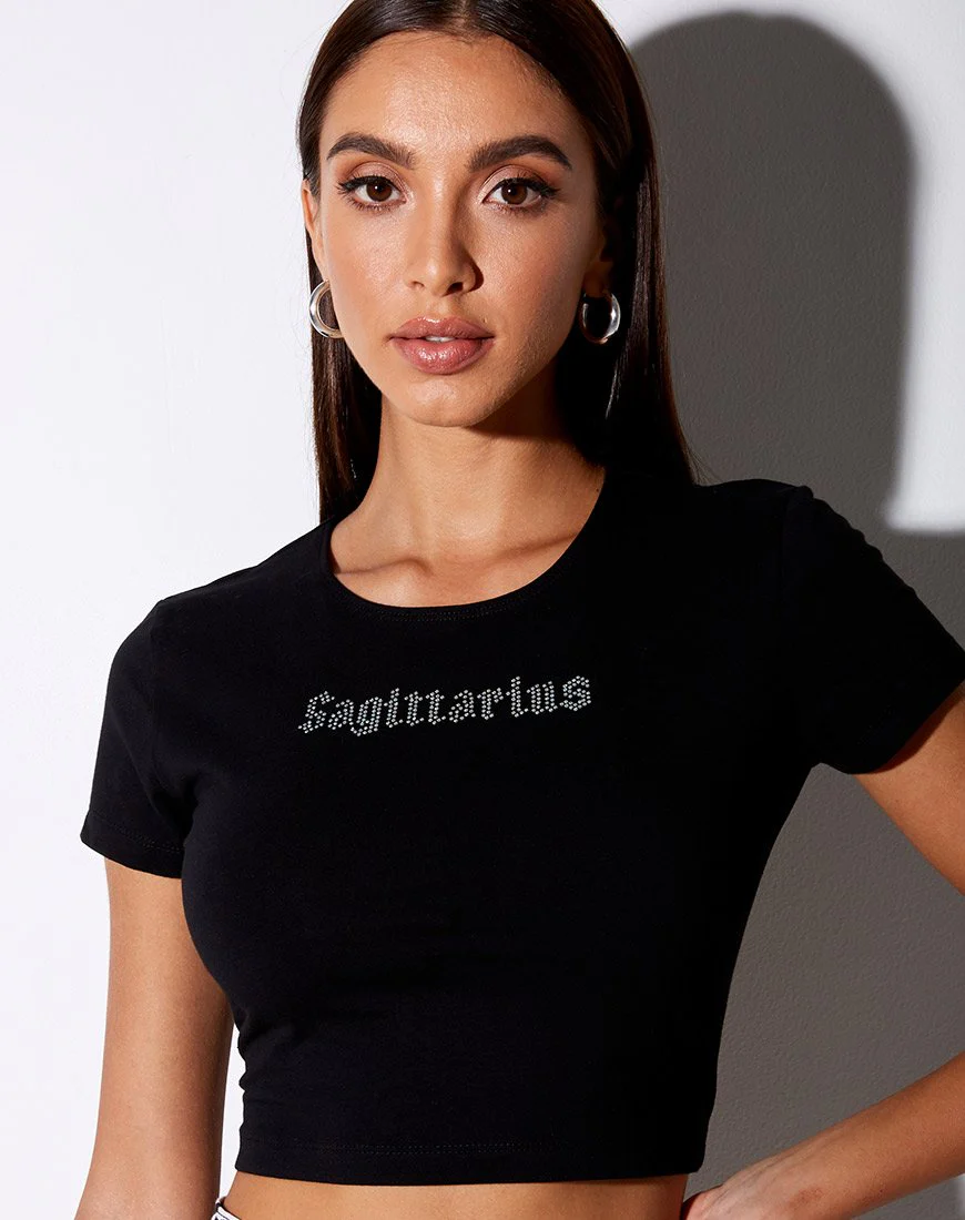 Tiney Crop Tee in Schwarz 'Sagittarius' mit Diamanten