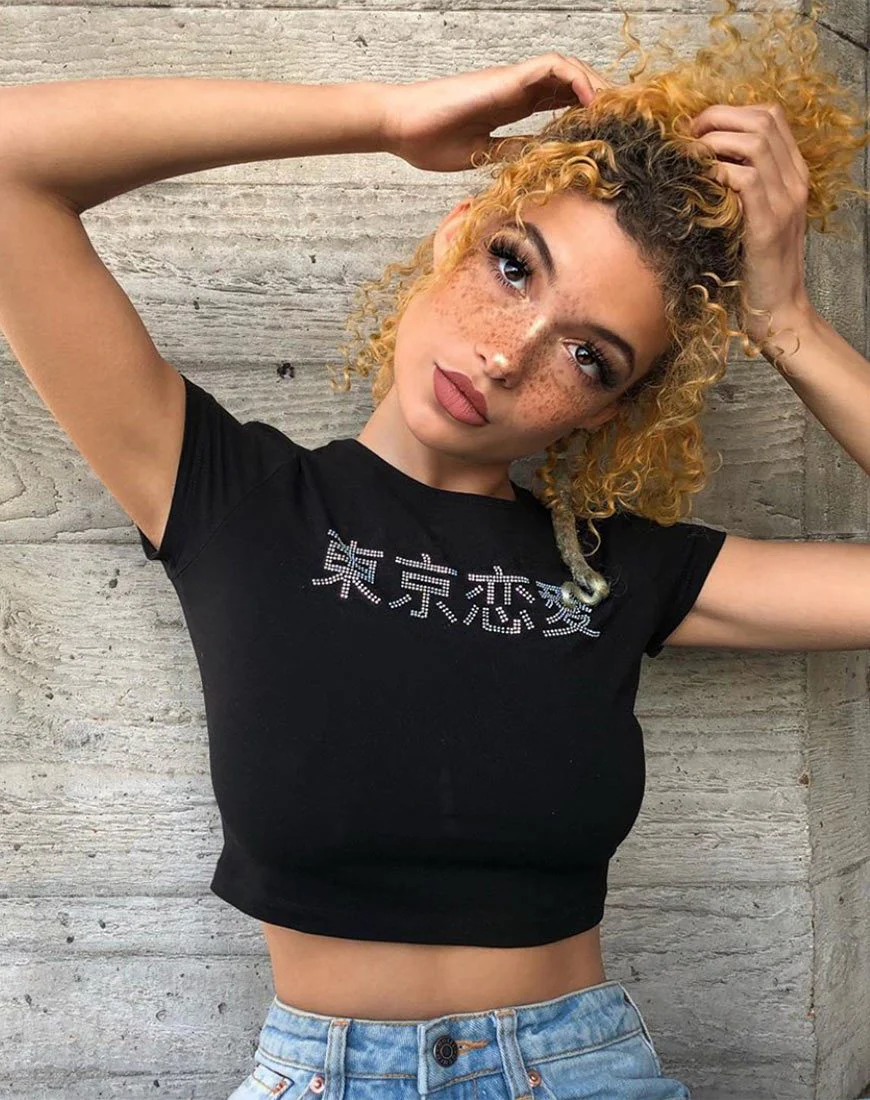 Tiney Crop Top Tee in Schwarz mit Diamanten-Hotfix - Image 3