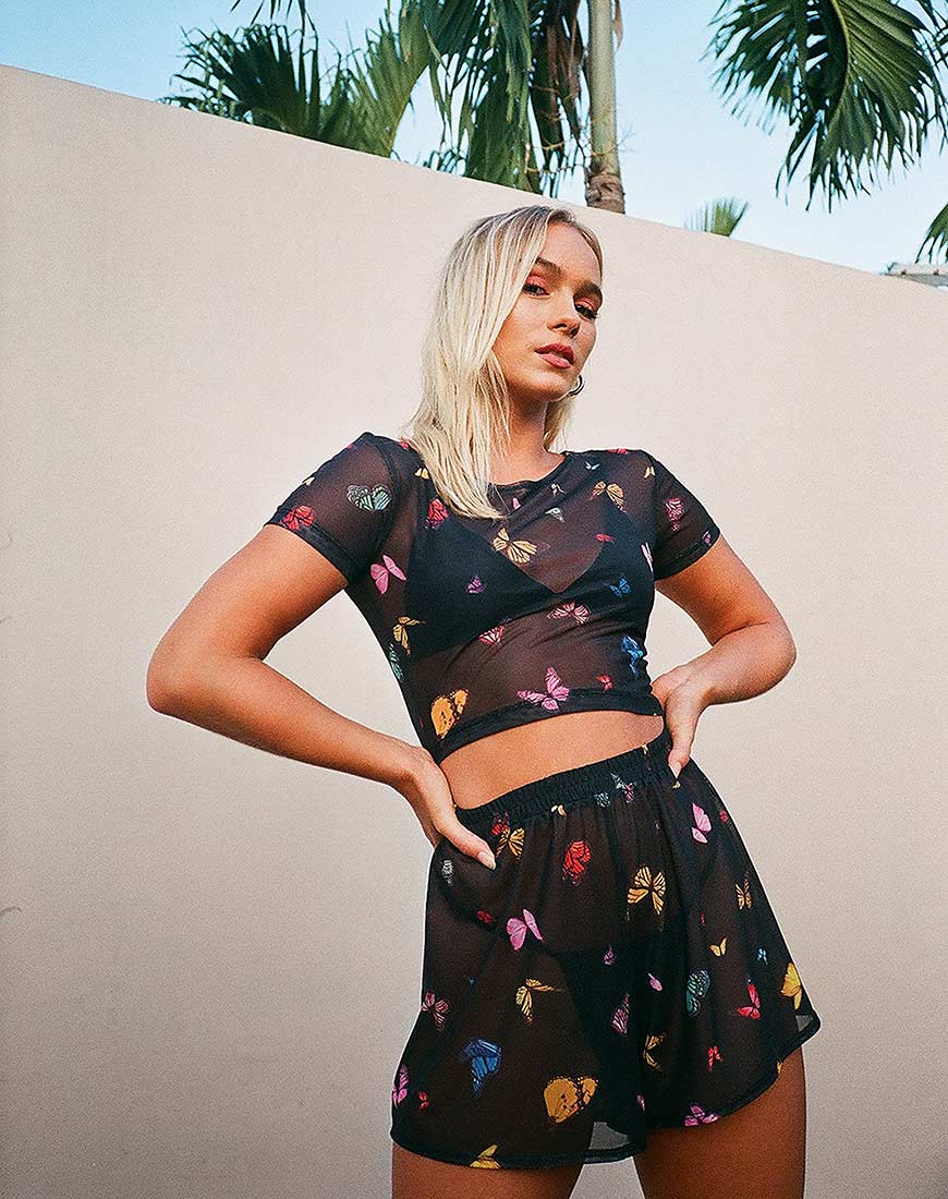 Tiney Crop Top Tee aus Mesh Schwarz Schmetterling