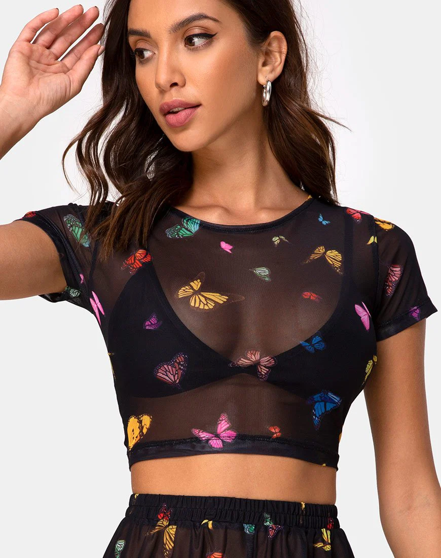 Tiney Crop Top Tee aus Mesh Schwarz Schmetterling - Image 2