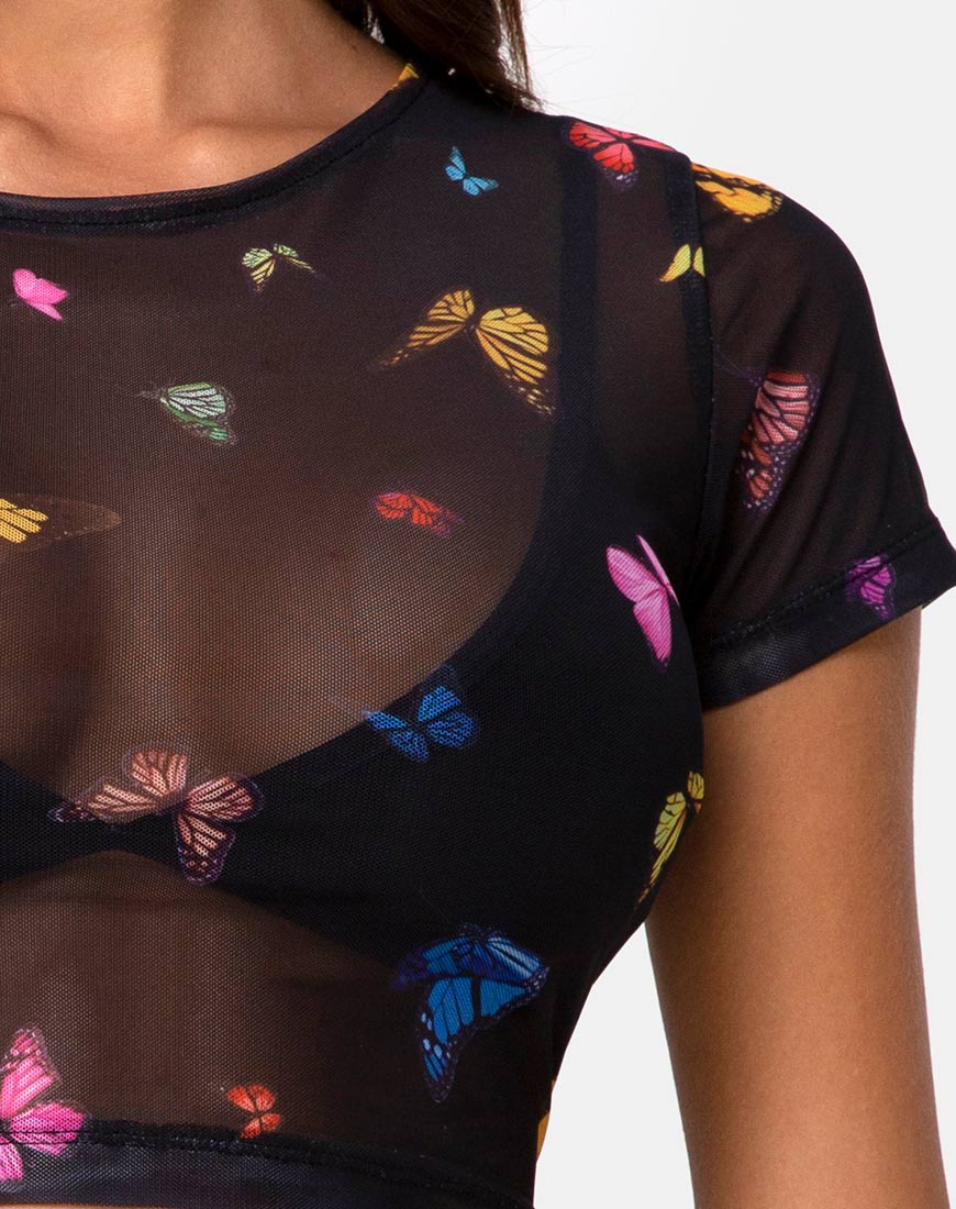 Tiney Crop Top Tee aus Mesh Schwarz Schmetterling - Image 6